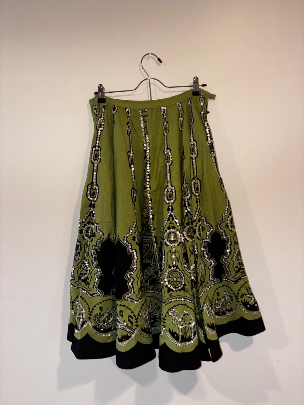 Olive Green Maxi Skirt with Black & Silver Embellishment
